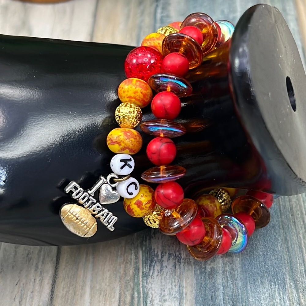 ⭐️Adorned Crown Kansas City Chiefs KC football red gold stretch bracelet set C